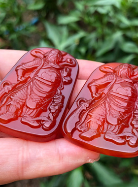 天然红玛瑙武财神关公玉吊坠拿刀忠义关公站二爷玉项链挂件