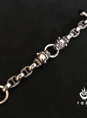千银厚果双斗牛犬双狗925银手链