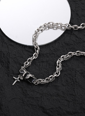 钛钢双层男士十字架宝石项链