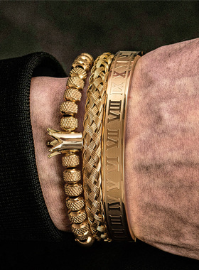 欧美潮流男士个性首饰编织手链钛钢罗马数字皇冠套装高级感手镯潮