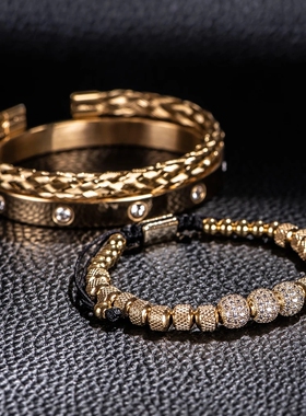 欧美时尚潮流简约男生锆石手链高级感黑色字母钛钢个性气质手饰潮