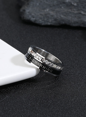 原创设计可转动潮流戒指男士时尚个性百搭钛钢锆石黑色指环不掉色