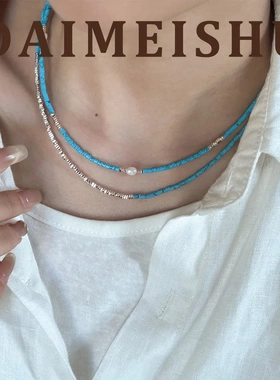 时尚简约气质百搭碎银子天然淡水珍珠松石项链轻奢高级感锁骨链女