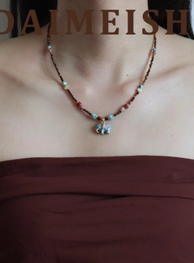 原创复古滴油小象虎眼石松石珍珠项链配饰女轻奢小众高级感锁骨链