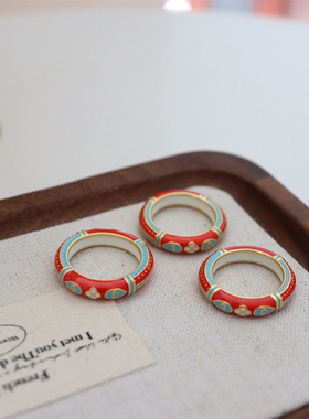 原创新中式轻奢彩色滴油国风戒指女小众高级气质简约时尚复古指环