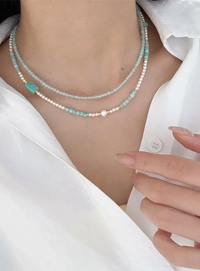 新款夏季时尚简约精致蓝色天河石串珠项链轻奢小众气质百搭锁骨链