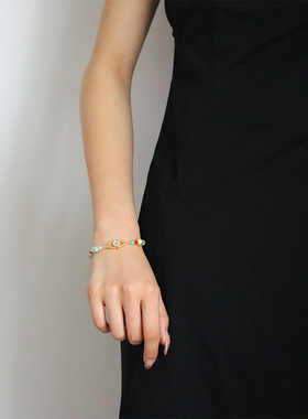 原创新中式复古轻奢彩色珐琅滴油花朵手链气质百搭蓝色天然石手饰