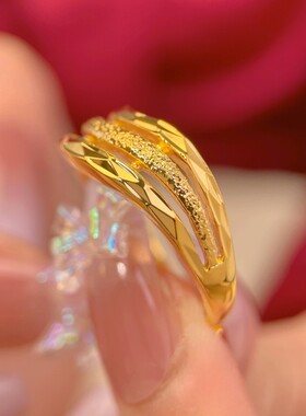 新款日韩水波纹镀金真黄金戒指结婚假三金指环可调节不掉色