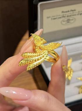 黄金色凤凰戒指女孔雀可调节结订婚真三金五金拍照婚嫁指环对戒