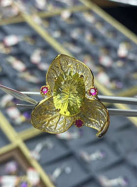 意大利款天然柠檬水晶S925银女款戒指黄水晶活口戒指双层工艺镶嵌