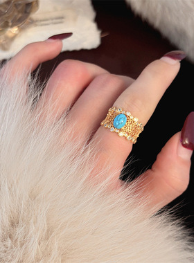 蕾丝花纹蓝松石分色电镀女戒指高级感独特小众轻奢海蓝宝指环