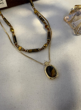 美拉德虎眼石双层叠戴项链女精致气质秋冬高级感个性时尚气质毛衣