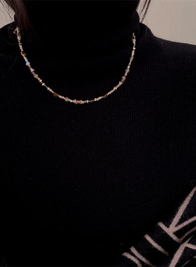 双层叠戴金色虎眼石芒星串珠吊坠项链女复古美拉德秋冬高级感毛衣