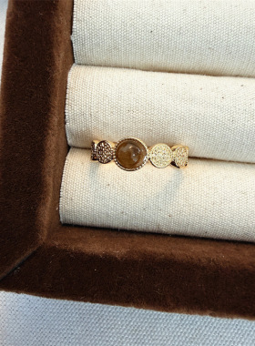 复古宫廷风金色绿松石戒指秋冬高级感精致时尚方糖珍珠开口食指戒