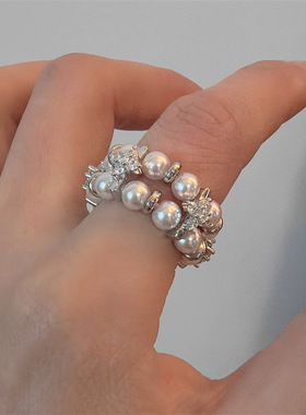 欧美中古时尚镂空珍珠锆石戒指个性独特时尚双层贵气千金风食指戒