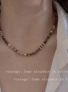 复古美拉德风金色虎眼石串珠项链女百搭高级感气质甜酷小众锁骨链
