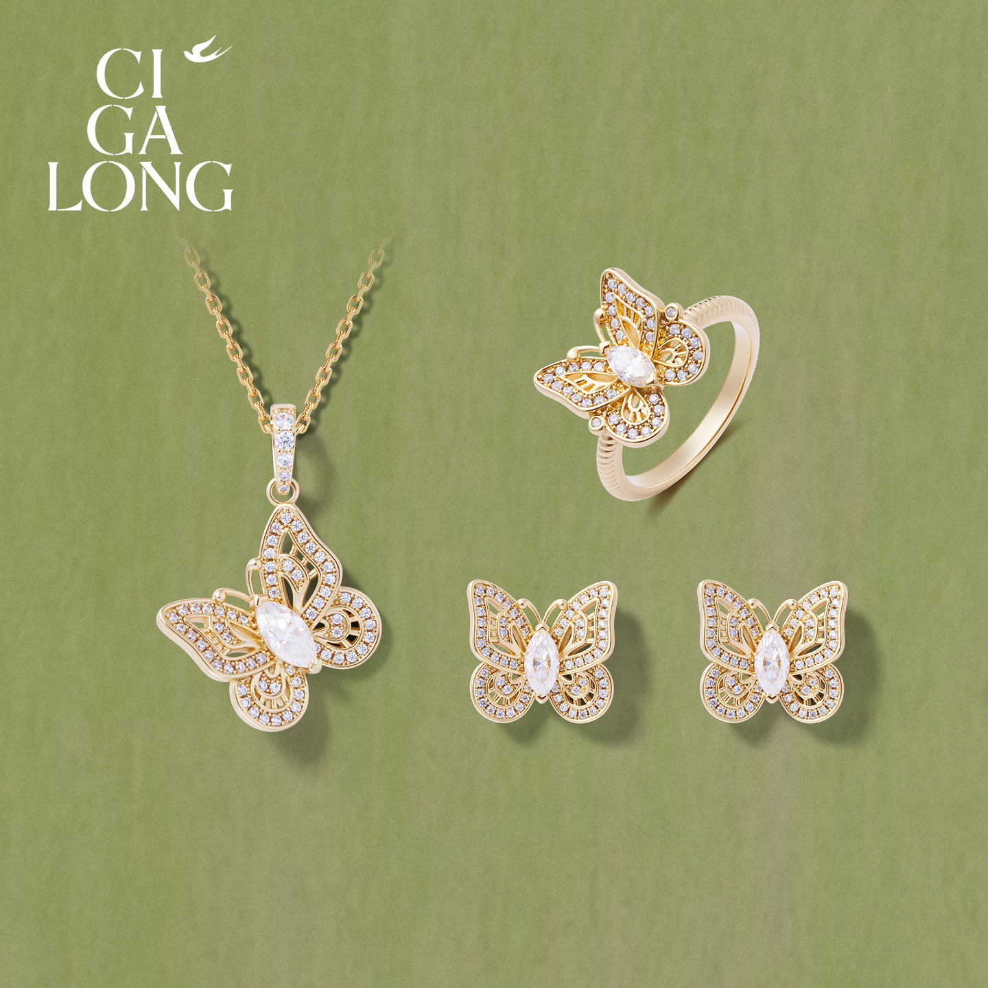 New product purchase coupons CIGALONG Long Zijia Double Shadow Butterfly Flash Crystal Synthetic Moissanite Necklace Earrings Stud Ring
