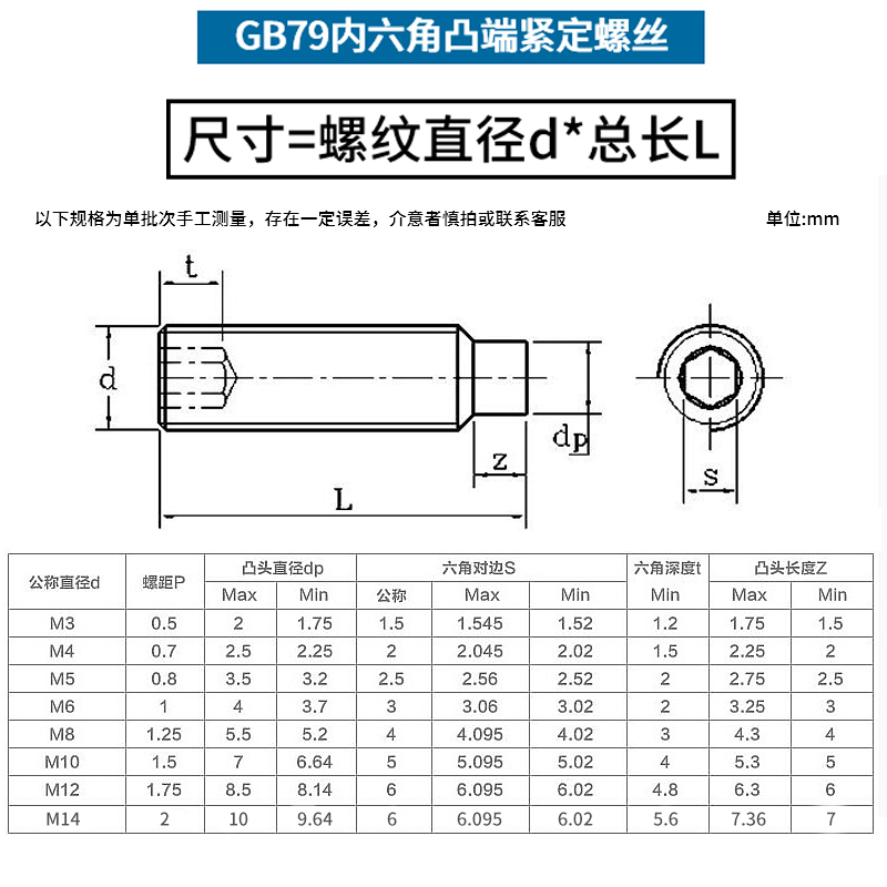 12.9级凸端紧定螺丝内六角圆柱端无头螺钉GB79凸头顶丝m3m4m5m6m8