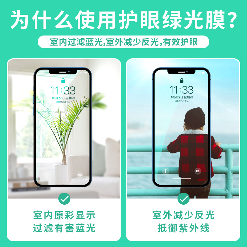 适用苹果15钢化膜iphone14promax全屏覆盖13/12绿光护眼11手机膜XR苹果8plus抗蓝光保护膜se2代防摔防爆6s7p - 图1