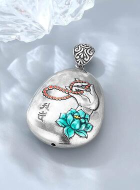 银国潮景泰蓝心经复古佛手莲花吊坠个性百搭挂挂坠长款项链