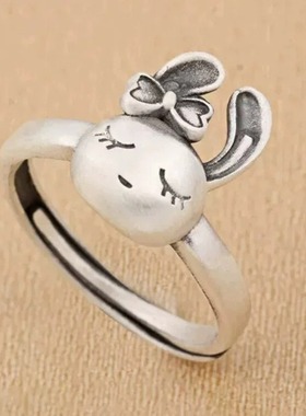 纯银兔子戒指女款复古开口做旧本命年兔年指环生肖兔银戒子