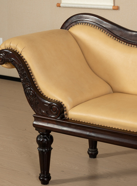 民国红木雕花卉纹皮面软包沙发