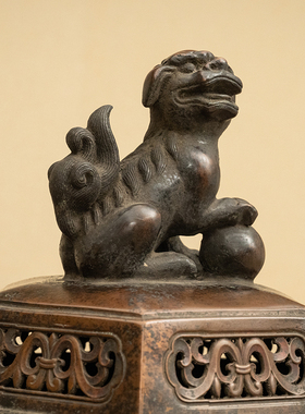 铜嵌银丝兽耳三足六角大香薰