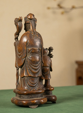 清代黄杨木雕老人童子摆件