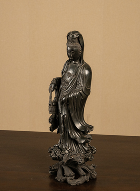 小叶紫檀木雕提篮观音像祝福摆件