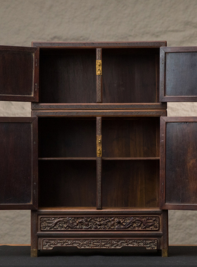 清中期紫檀嵌银丝雕云龙纹顶箱柜摆件古玩古董收藏小叶紫檀书柜