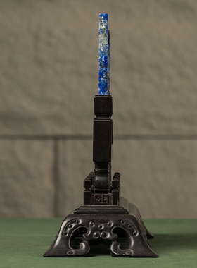 紫檀座青金石高浮雕兰花诗文插屏