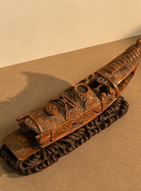 （已售出）清代竹雕渔舟摆件配座古董收藏竹制艺术品收藏竹雕摆件