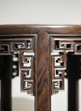 清代 红木回纹打洼五足圆花几（一对）明清家具收藏客厅花几摆件