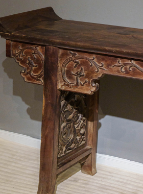 明代铁力木夹头榫螭龙纹翘头案