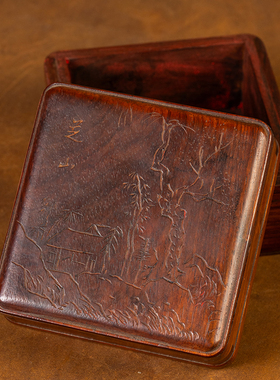 红木阴刻山水纹盖盒首饰盒