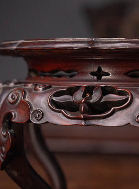 清代红木镶瘿木面云纹三弯腿五足带托泥花口器座老物件红木底座