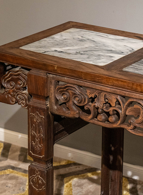 清代红木三镶云石透雕灵芝葫芦书卷式平头案明清古典家具收藏真品