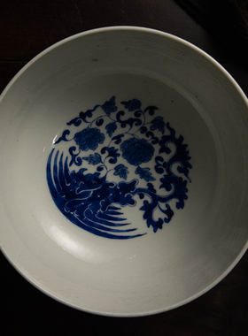 清代青花团凤牡丹纹大碗文玩古董收藏青花瓷P器艺术品摆件青花碗