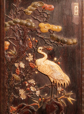 清代紫檀镶瘿木百宝嵌鹤寿图插屏