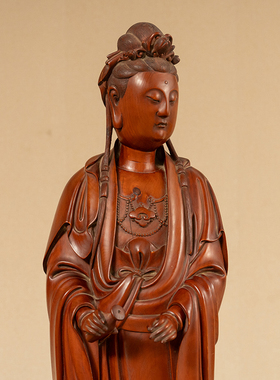 黄杨木雕净瓶观音像古董收藏