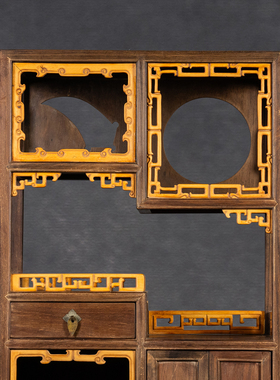 红木嵌黄杨木圈口围栏博古架摆件