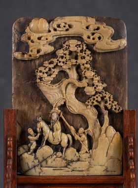 黄花梨边座青田石屏插屏