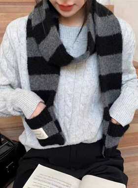 日系撞色条纹围巾女冬季韩版百搭
