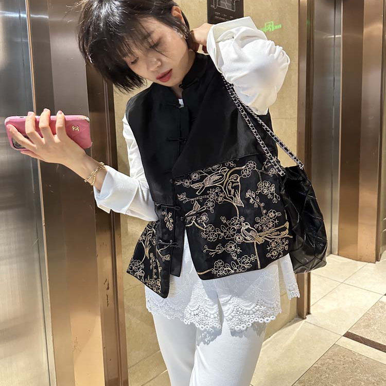 新中式复古小立领对襟盘扣重工欧根纱金刺绣拼接真丝马甲外套女,淘宝优惠券,粉丝福利购,淘宝优惠卷