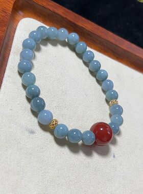 天然蓝水翡翠配红玛瑙圆珠手串