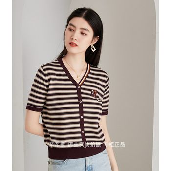 Yin'er Y8165 Tencel sweater 2024 summer ໃຫມ່ຄໍ V ແຂນສັ້ນ striped pullover ບາງເທິງສໍາລັບແມ່ຍິງ