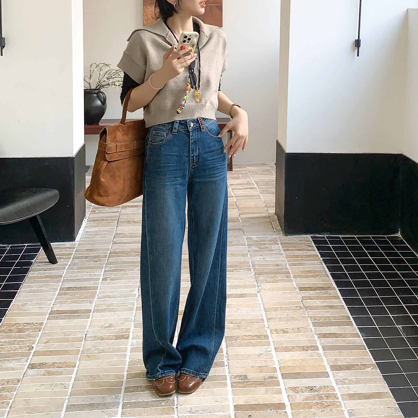 CKLY66692斯卡洛依直筒牛仔裤女秋复古窄版阔腿裤四面弹力长裤子