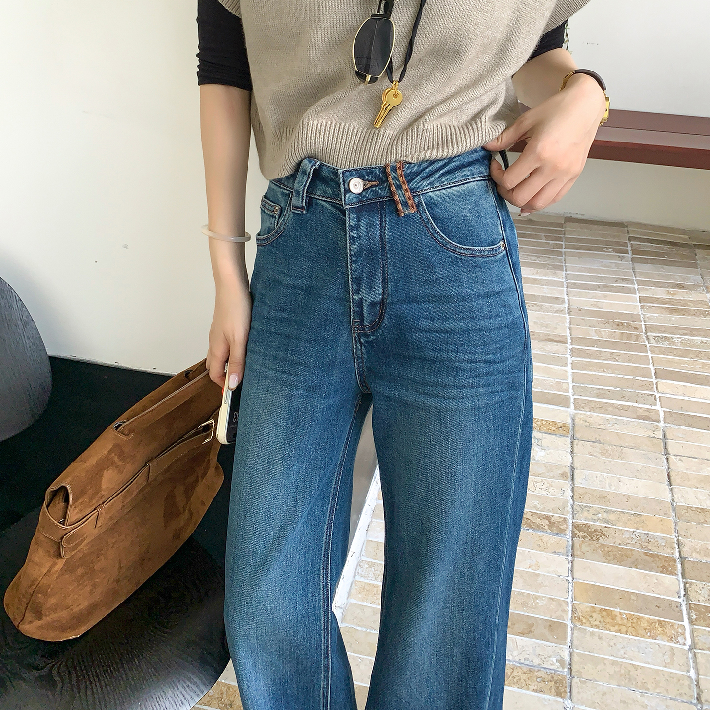 CKLY66692斯卡洛依直筒牛仔裤女秋复古窄版阔腿裤四面弹力长裤子