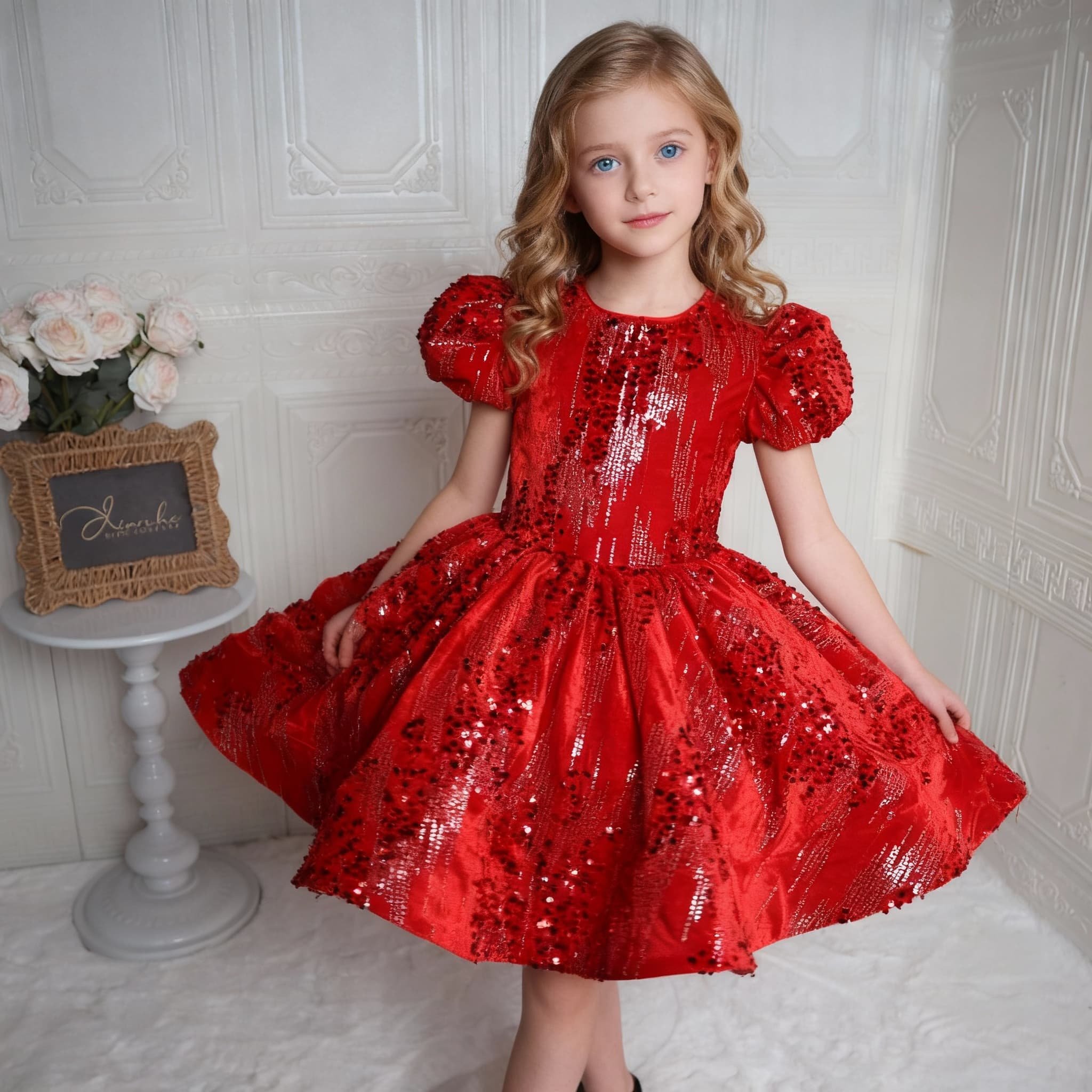 欣入荷红色亮片泡泡袖公主裙女童花童喜庆演出服蓬蓬裙儿童礼服潮,淘宝优惠券,粉丝福利购,淘宝优惠卷