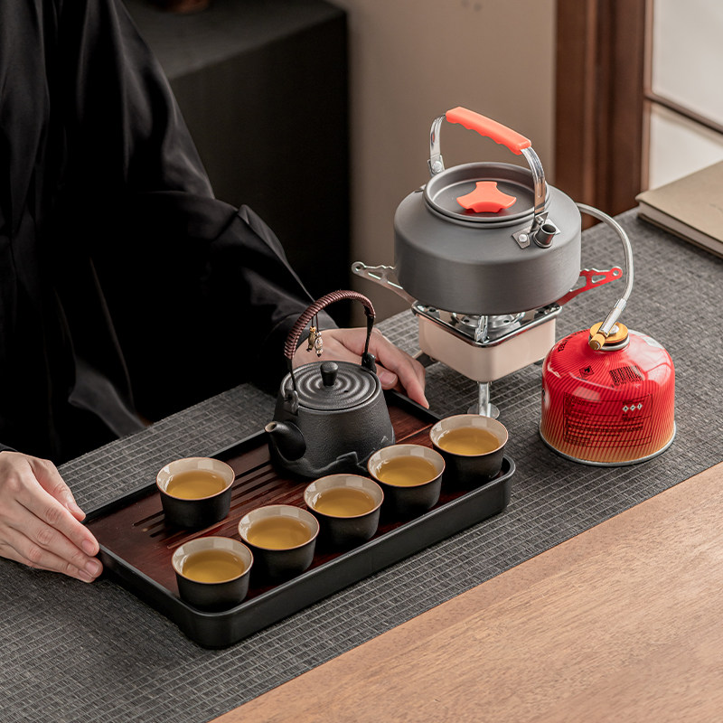 Stoneware kettle, multi-cup tea tray, outdoor set including travel bag, tea maker, cassette stove, portable tea set
